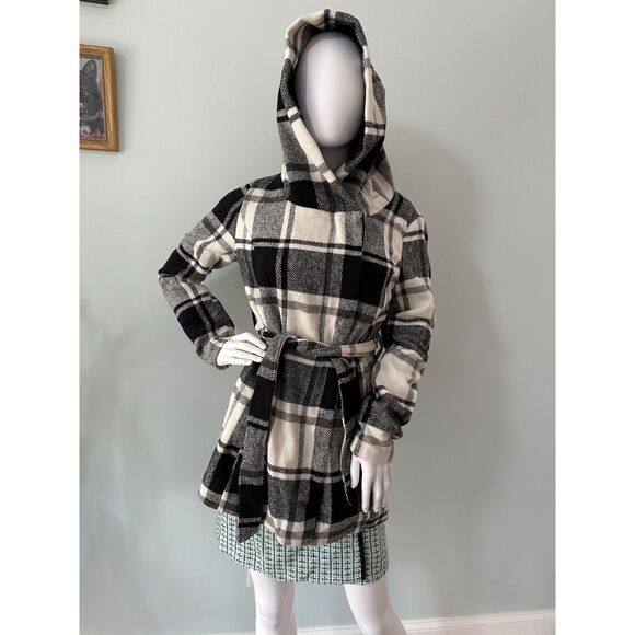 Mossimo Supply Co. Black and White Plaid Hooded Wrap Coat with Belt size M - Picture 2 of 10